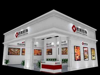 88平米展臺(tái)設(shè)計(jì)制作：二面開口/歐式/木質(zhì)結(jié)構(gòu)/白色，為照明展展商而作（免費(fèi)使用）