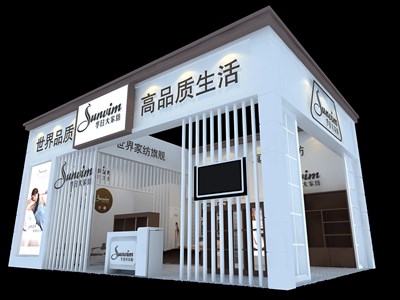 54平米展臺設(shè)計制作：二面開口/流線/木質(zhì)結(jié)構(gòu)/咖啡色，為紡織展展商而作（免費使用）