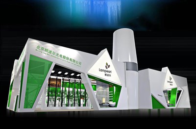288平米展臺設計制作：二面開口/現(xiàn)代/木質結構/綠色，為照明展展商而作（免費使用）