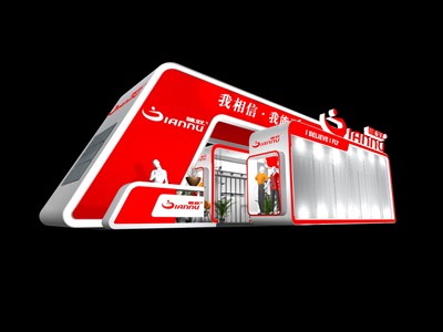 90平米展臺設(shè)計制作：二面開口/現(xiàn)代/木質(zhì)結(jié)構(gòu)/紅色，為服裝展展商而作（免費(fèi)使用）