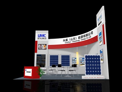 36平米展臺設(shè)計制作：二面開口/現(xiàn)代/木質(zhì)結(jié)構(gòu)/白色，為光伏展展商而作（免費(fèi)使用）