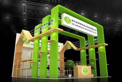 36平米展臺設計制作：二面開口/前衛(wèi)/木質(zhì)結(jié)構/綠色，為玩具展展商而作（免費使用）