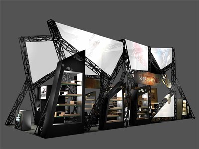 90平米展臺設(shè)計制作：二面開口/現(xiàn)代/桁架結(jié)構(gòu)/黑色，為玩具展展商而作（免費使用）
