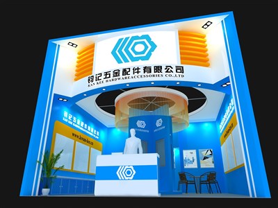 36平米展臺設計制作：一面開口/現代/木質結構/藍色，為五金展展商而作（免費使用）