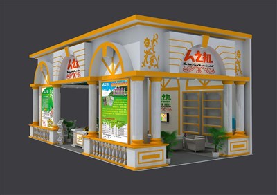 72平米展臺設(shè)計(jì)制作：三面開口/現(xiàn)代/木質(zhì)結(jié)構(gòu)/黃色，為嬰幼展展商而作（免費(fèi)使用）
