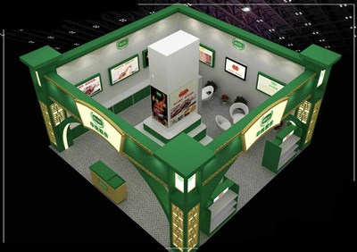 64平米展臺設(shè)計(jì)制作：二面開口/現(xiàn)代/木質(zhì)結(jié)構(gòu)/綠色，為食品展展商而作（免費(fèi)使用）