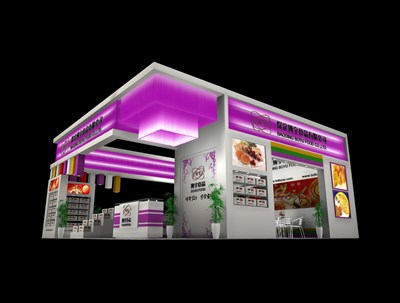 90平米展臺設計制作：三面開口/現(xiàn)代/木質結構/紫色，為食品展展商而作（免費使用）