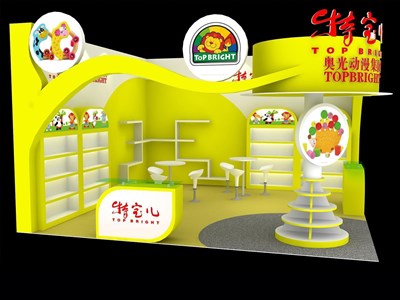 36平米展臺設(shè)計(jì)制作：二面開口/現(xiàn)代/木質(zhì)結(jié)構(gòu)/黃色，為嬰幼展展商而作（免費(fèi)使用）