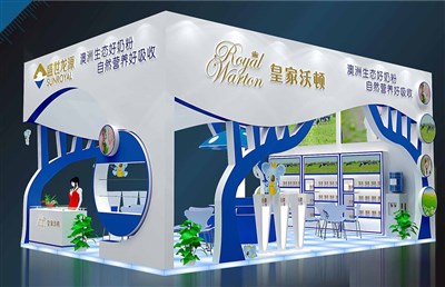 54平米展臺(tái)設(shè)計(jì)制作：三面開口/現(xiàn)代/木質(zhì)結(jié)構(gòu)/藍(lán)色，為嬰幼展展商而作（免費(fèi)使用）