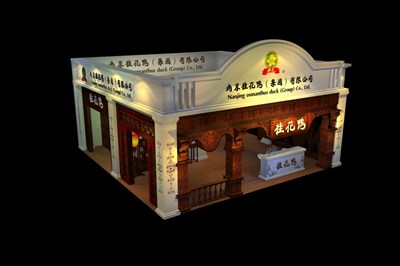 64平米展臺設計制作：二面開口/現(xiàn)代/木質結構/白色，為食品展展商而作（免費使用）