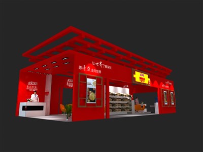 78平米展臺設計制作：四面開口/中式/木質(zhì)結(jié)構/紅色，為食品展展商而作（免費使用）