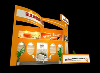 35平米展臺(tái)設(shè)計(jì)制作：二面開口/現(xiàn)代/木質(zhì)結(jié)構(gòu)/黃色，為食品展展商而作（免費(fèi)使用）