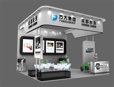 36平米展臺設計制作：三面開口/現(xiàn)代/木質(zhì)結(jié)構(gòu)/灰色，為化工展展商而作（免費使用）