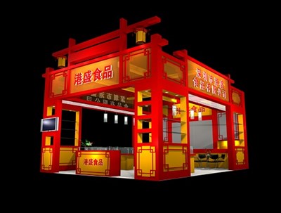 48平米展臺(tái)設(shè)計(jì)制作：三面開(kāi)口/中式/木質(zhì)結(jié)構(gòu)/紅色，為食品展展商而作（免費(fèi)使用）