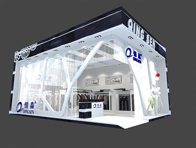 54平米展臺設(shè)計(jì)制作：二面開口/現(xiàn)代/木質(zhì)結(jié)構(gòu)/白色，為服裝展展商而作（免費(fèi)使用）