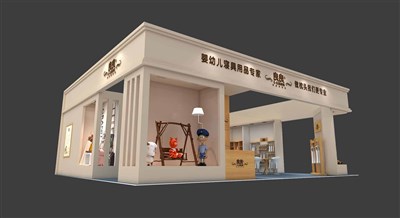 120平米展臺設(shè)計(jì)制作：三面開口/歐式/木質(zhì)結(jié)構(gòu)/米色，為嬰幼展展商而作（免費(fèi)使用）
