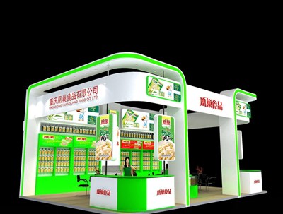 70平米展臺設計制作：三面開口/現(xiàn)代/木質結構/綠色，為食品展展商而作（免費使用）