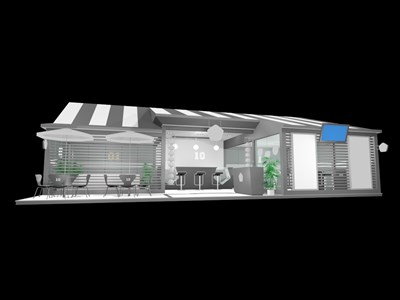 72平米展臺設(shè)計制作：一面開口/現(xiàn)代/木質(zhì)結(jié)構(gòu)/灰色，為食品展展商而作（免費使用）
