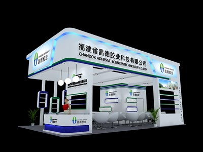 60平米展臺設(shè)計制作：二面開口/現(xiàn)代/木質(zhì)結(jié)構(gòu)/藍(lán)色，為化工展展商而作（免費使用）