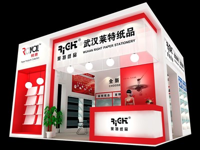 36平米展臺設(shè)計制作：二面開口/現(xiàn)代/木質(zhì)結(jié)構(gòu)/紅色，為文具圖書展展商而作（免費使用）