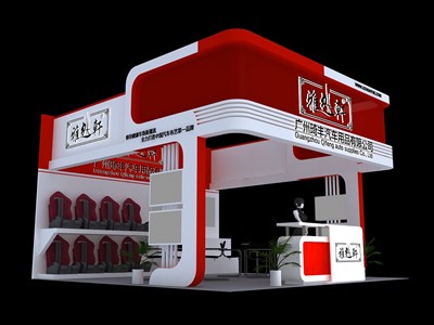 36平米展臺設(shè)計制作：三面開口/現(xiàn)代/木質(zhì)結(jié)構(gòu)/紅色，為汽配展展商而作（免費使用）