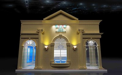 36平米展臺(tái)設(shè)計(jì)制作：一面開口/歐式/木質(zhì)結(jié)構(gòu)/米色，為嬰幼展展商而作（免費(fèi)使用）