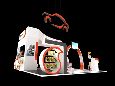 36平米展臺設(shè)計制作：三面開口/現(xiàn)代/木質(zhì)結(jié)構(gòu)/橙色，為汽配展展商而作（免費使用）