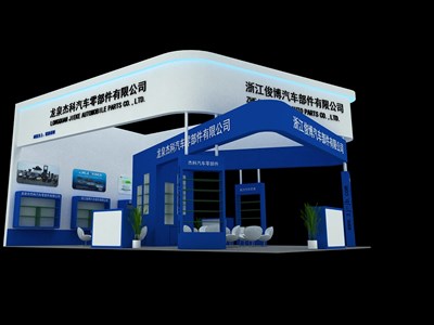 60平米展臺設計制作：三面開口/現(xiàn)代/木質結構/藍色，為汽配展展商而作（免費使用）