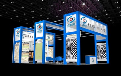 60平米展臺(tái)設(shè)計(jì)制作：三面開口/現(xiàn)代/木質(zhì)結(jié)構(gòu)/藍(lán)色，為紡織展展商而作（免費(fèi)使用）