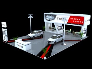 130平米展臺設(shè)計制作：三面開口/現(xiàn)代/木質(zhì)結(jié)構(gòu)/灰色，為汽車展展商而作（免費使用）
