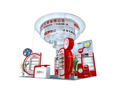 36平米展臺設(shè)計制作：三面開口/現(xiàn)代/木質(zhì)結(jié)構(gòu)/紅色，為文具圖書展展商而作（免費使用）