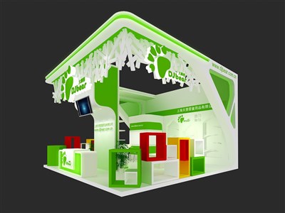 36平米展臺設(shè)計制作：三面開口/現(xiàn)代/木質(zhì)結(jié)構(gòu)/綠色，為文具圖書展展商而作（免費使用）