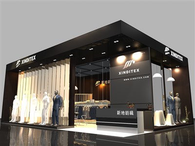 70平米展臺設(shè)計制作：二面開口/現(xiàn)代/木質(zhì)結(jié)構(gòu)/黑色，為服裝展展商而作（免費使用）