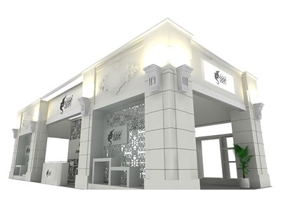 84平米展臺(tái)設(shè)計(jì)制作：四面開(kāi)口/歐式/木質(zhì)結(jié)構(gòu)/白色，為紡織展展商而作（免費(fèi)使用）