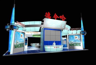 255平米展臺(tái)設(shè)計(jì)制作：四面開口/現(xiàn)代/木質(zhì)結(jié)構(gòu)/藍(lán)色，為成就招商展展商而作（免費(fèi)使用）