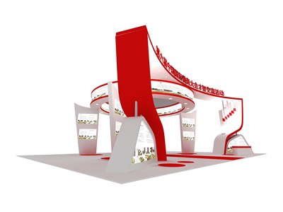 352平米展臺設(shè)計制作：四面開口/現(xiàn)代/木質(zhì)結(jié)構(gòu)/紅色，為成就招商展展商而作（免費(fèi)使用）