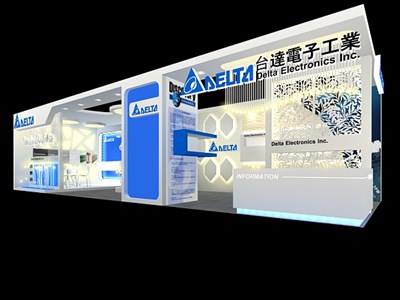 60平米展臺設計制作：二面開口/現(xiàn)代/木質(zhì)結構/藍色，為安防展展商而作（免費使用）