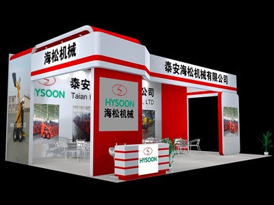 70平米展臺設計制作：三面開口/現(xiàn)代/木質(zhì)結(jié)構(gòu)/紅色，為汽配展展商而作（免費使用）