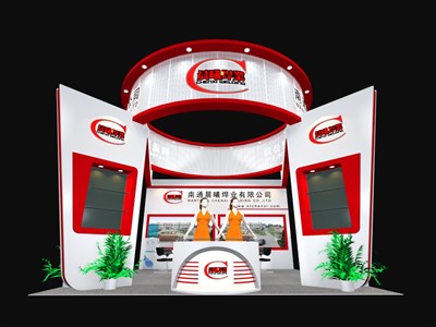 36平米展臺設(shè)計制作：三面開口/現(xiàn)代/木質(zhì)結(jié)構(gòu)/紅色，為汽配展展商而作（免費使用）