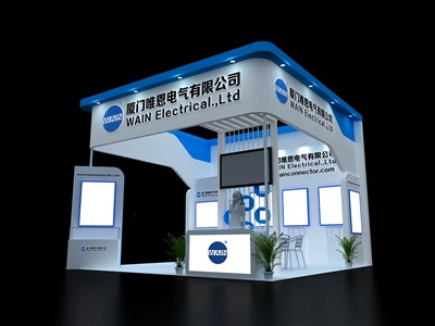 36平米展臺(tái)設(shè)計(jì)制作：三面開(kāi)口/現(xiàn)代/木質(zhì)結(jié)構(gòu)/藍(lán)色，為汽配展展商而作（免費(fèi)使用）