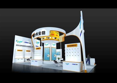72平米展臺(tái)設(shè)計(jì)制作：三面開口/現(xiàn)代/木質(zhì)結(jié)構(gòu)/白色，為安防展展商而作（免費(fèi)使用）
