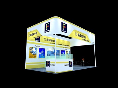 36平米展臺設(shè)計制作：三面開口/現(xiàn)代/木質(zhì)結(jié)構(gòu)/黃色，為汽配展展商而作（免費(fèi)使用）