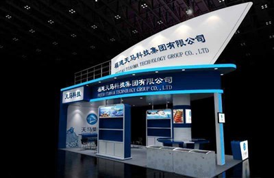 72平米展臺設(shè)計制作：三面開口/現(xiàn)代/木質(zhì)結(jié)構(gòu)/藍色，為釣具展展商而作（免費使用）