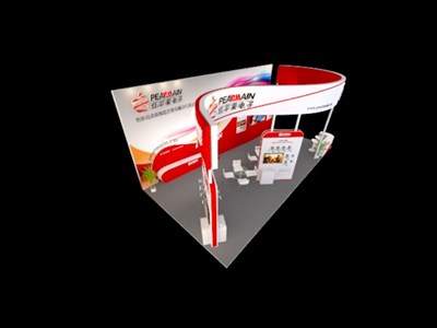 72平米展臺設(shè)計制作：三面開口/現(xiàn)代/木質(zhì)結(jié)構(gòu)/紅色，為安防展展商而作（免費(fèi)使用）