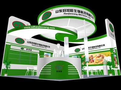 48平米展臺設計制作：二面開口/現(xiàn)代/木質結構/綠色，為食品展展商而作（免費使用）