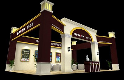 70平米展臺設(shè)計制作：三面開口/歐式/木質(zhì)結(jié)構(gòu)/米色，為食品展展商而作（免費使用）