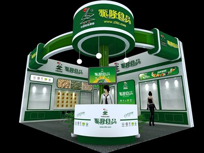 48平米展臺(tái)設(shè)計(jì)制作：二面開口/現(xiàn)代/木質(zhì)結(jié)構(gòu)/綠色，為食品展展商而作（免費(fèi)使用）
