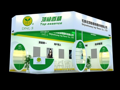 36平米展臺設計制作：二面開口/現(xiàn)代/木質結構/綠色，為食品展展商而作（免費使用）