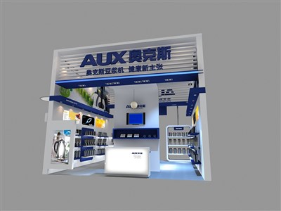 36平米展臺(tái)設(shè)計(jì)制作：二面開口/現(xiàn)代/木質(zhì)結(jié)構(gòu)/藍(lán)色，為家電展展商而作（免費(fèi)使用）
