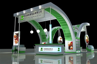 60平米展臺(tái)設(shè)計(jì)制作：四面開口/前衛(wèi)/木質(zhì)結(jié)構(gòu)/綠色，為食品展展商而作（免費(fèi)使用）